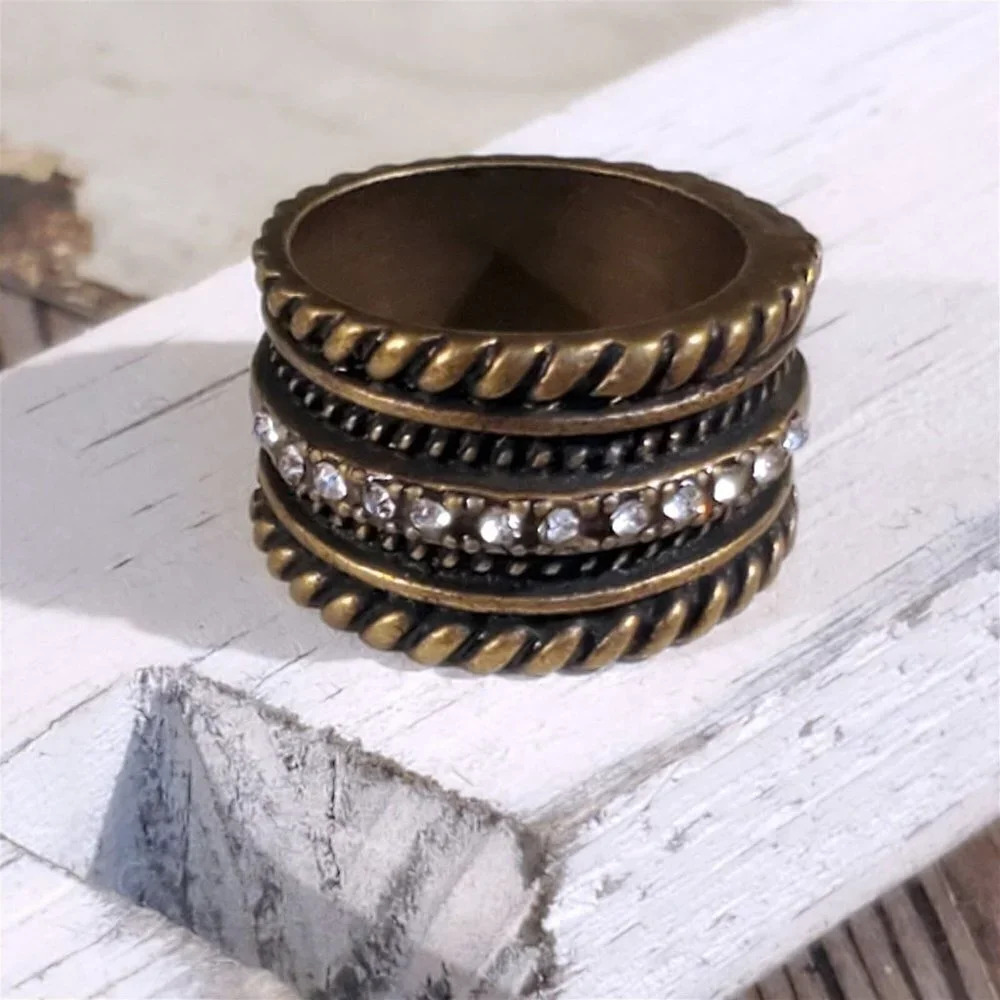 Bronze Art Deco Austrian Crystal Geometric Carved Metal Ring US Size 8